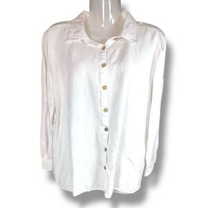 White Linen Button‎ Up Shirt long Sleeves Nomadic Traders Lrg Lagenlook Summer